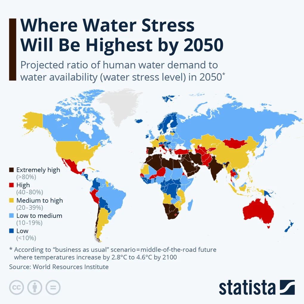 World map: projected water stress level in 2050 for each country, from low to extremely high